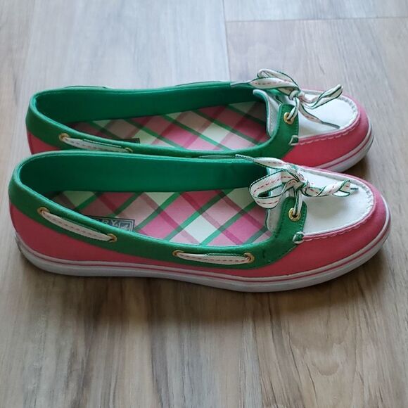 🩵Sperry "Hailey" Pink & Green Top Sider Slip-on Boat Shoes Size 8 - Picture 5 of 11